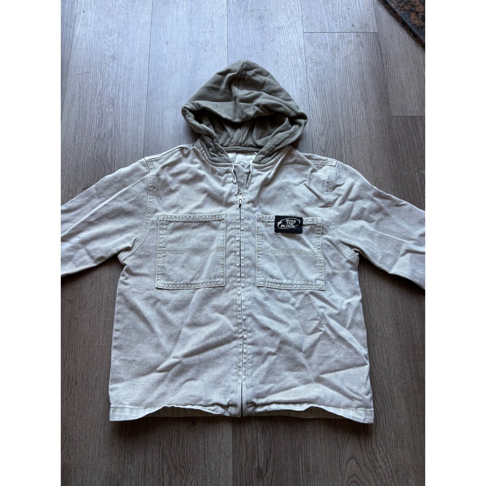 Zara Boys Hooded Denim Jacket Beige Khaki Zip Up Utility Coat Size 8-9 134cm